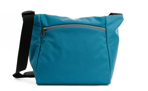 Reverse shot of an Icon in Logic Blue (pale blue) 630 Recycled with Steel (light grey) zippers.